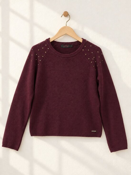 Ed Hardy Sweaters - Ed Hardy, Y2K Studded Crewneck Sweater, Maroon, Size S